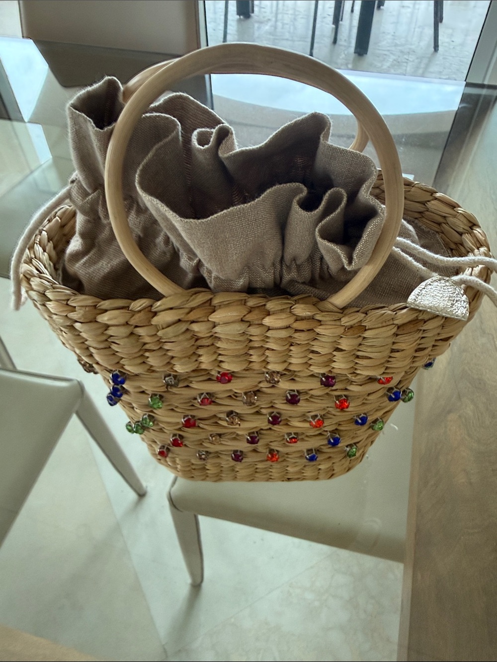 Embellished Straw Poolside Tote with Beige Linen Drawstring